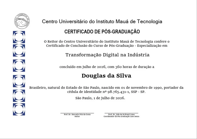 Modelo do certificado de pós-graduação emitido pelo Instituto Mauá de Tecnologia