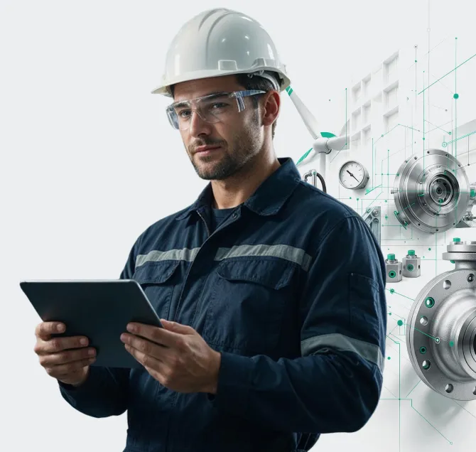 Técnico de capacete, óculos de proteção e uniforme consulta um tablet, diante de turbinas eólicas e equipamentos industriais