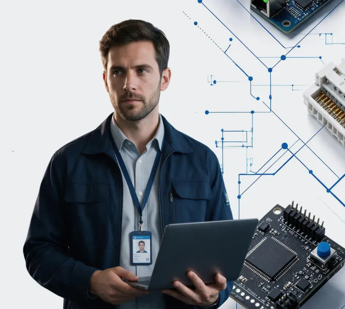 Profissional de jaqueta e crachá segura um notebook, diante de placas de circuito e trilhas eletrônicas