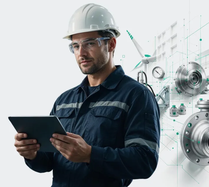 Técnico de capacete, óculos de proteção e uniforme consulta um tablet, diante de turbinas eólicas e equipamentos industriais