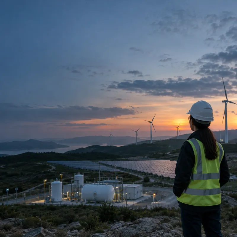 Engenheira de capacete e colete observa uma usina solar e turbinas eólicas ao entardecer