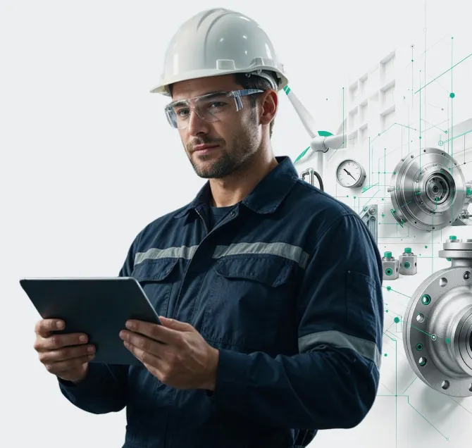 Técnico de capacete, óculos de proteção e uniforme consulta um tablet, diante de turbinas eólicas e equipamentos industriais
