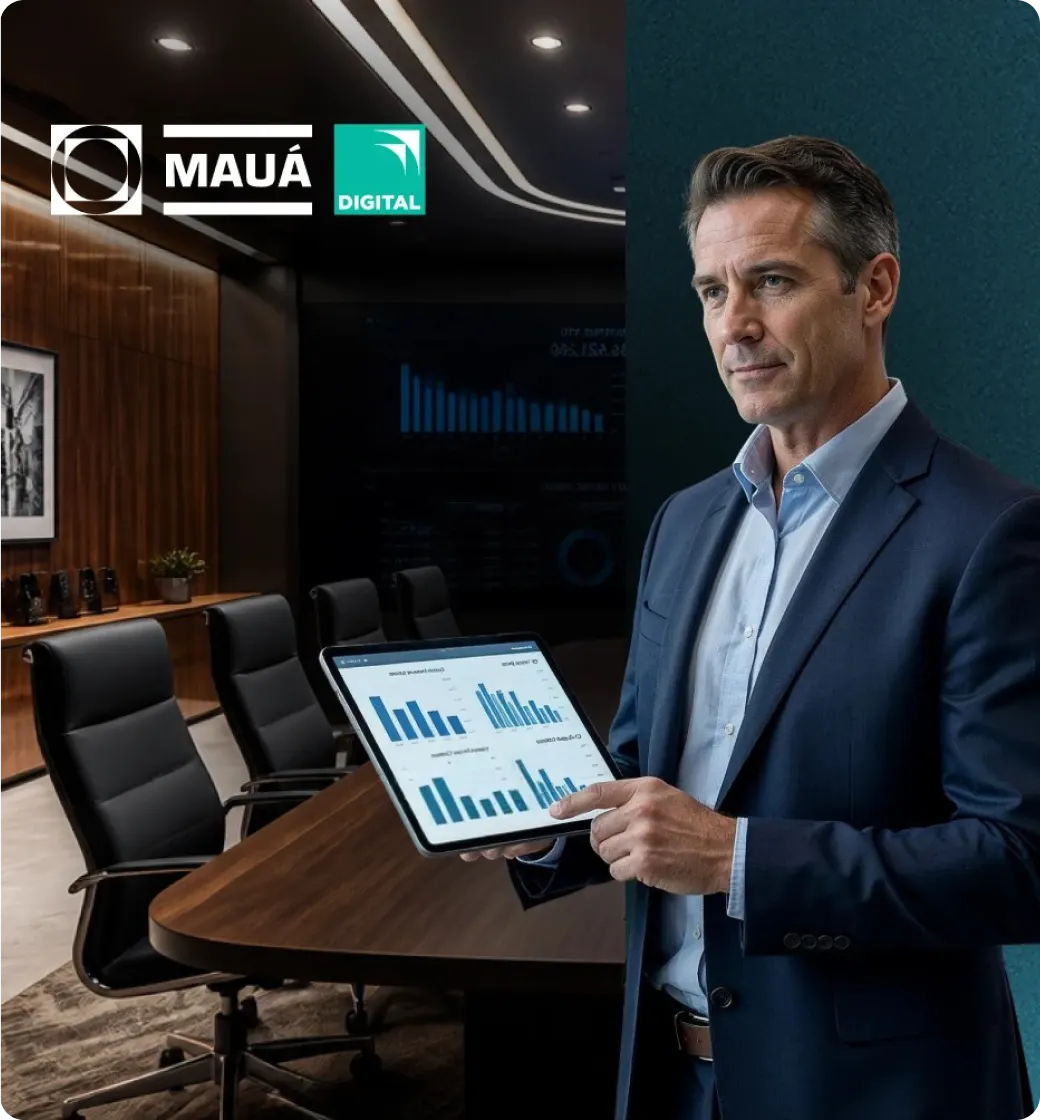 Profissional de terno segura um tablet com gráficos numa sala de reunião